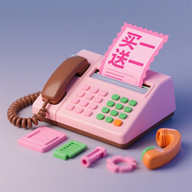 软3D风格复古电话，粉色主调搭配糖果色配件，萌趣塑料质感，打印“买一送一”促销券，甜蜜可爱中透出节日促销氛围。