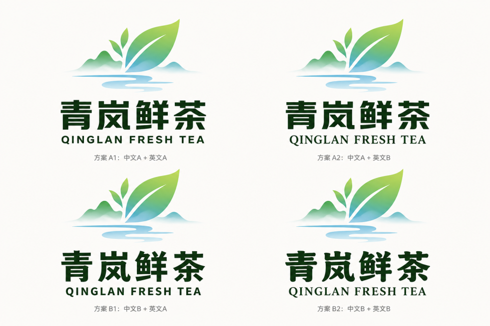 参考第一张图的粗厚黑体字体风格，重新生成第二张图的品牌标志"青岚鲜茶"，保持绿色叶片山水背景不变，提供两种中文粗厚字体和两种英文对应字体预览效果