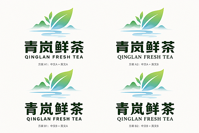 参考第一张图的粗厚黑体字体风格，重新生成第二张图的品牌标志"青岚鲜茶"，保持绿色叶片山水背景不变，提供两种中文粗厚字体和两种英文对应字体