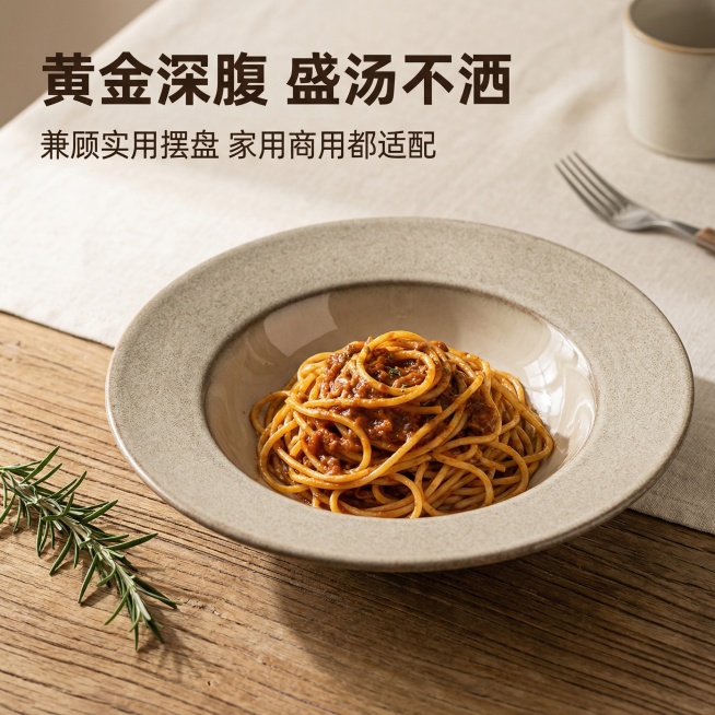 深腹敞口黄金比例设计，解决传统盘具痛点。主标题“黄金深腹 盛汤不洒”加粗大字号，副标题“兼顾实用摆盘 家用商用都适配”小字号，文字放置于画面左上角，不遮挡产品主体。画面主体：我们的石纹宽边陶瓷草帽盘盛预览效果