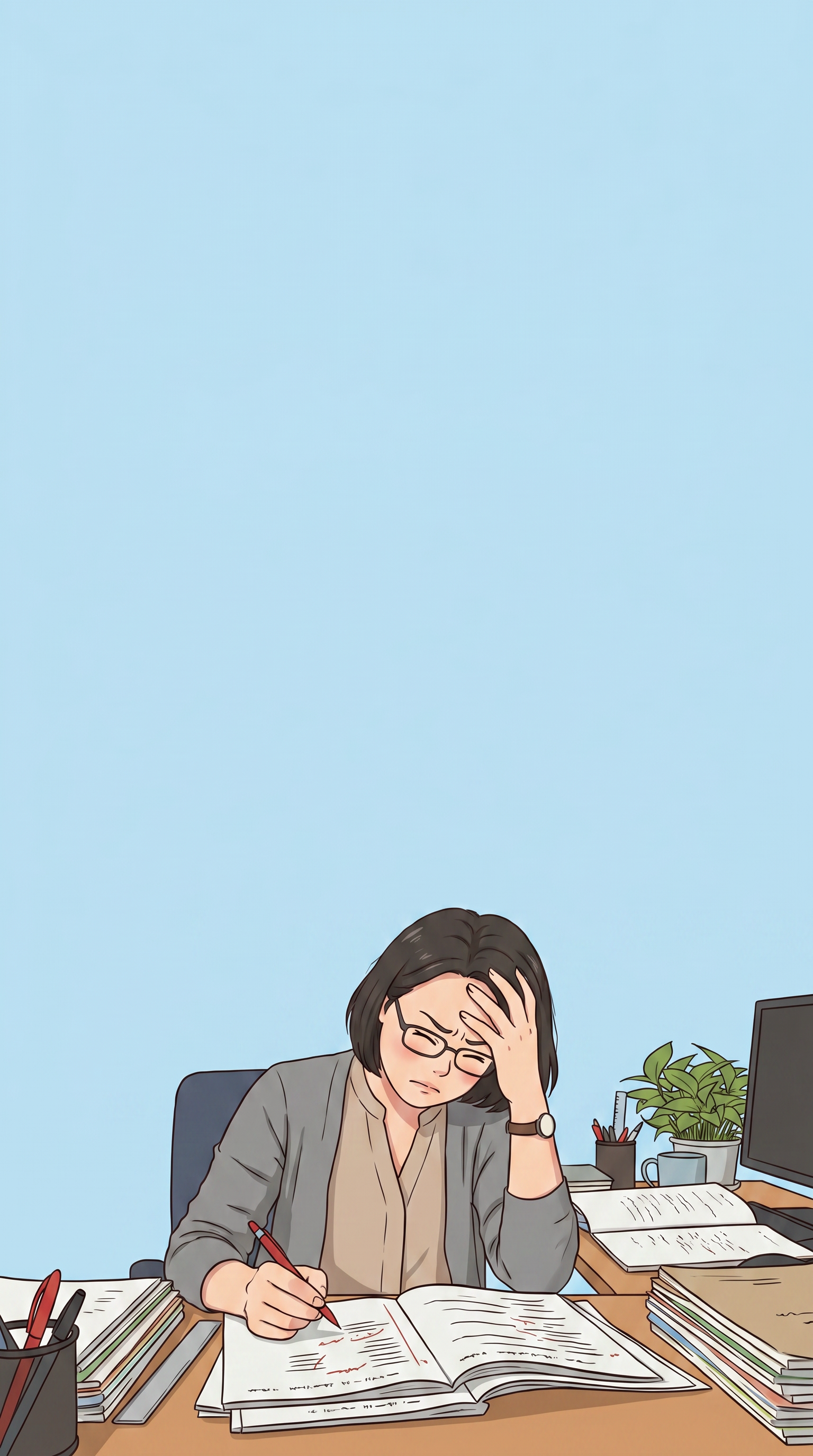 将图片改为动画样式，不要真实人物。老师捂着头非常烦恼，正在批改… - 图片创意预览