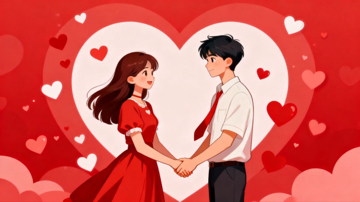 红娘职业封面，整体以红色为主色调，画面中心是一对牵手的年轻男女，点缀爱心元素，浪漫温馨的氛围，横版构图，适合做封面使用预览效果