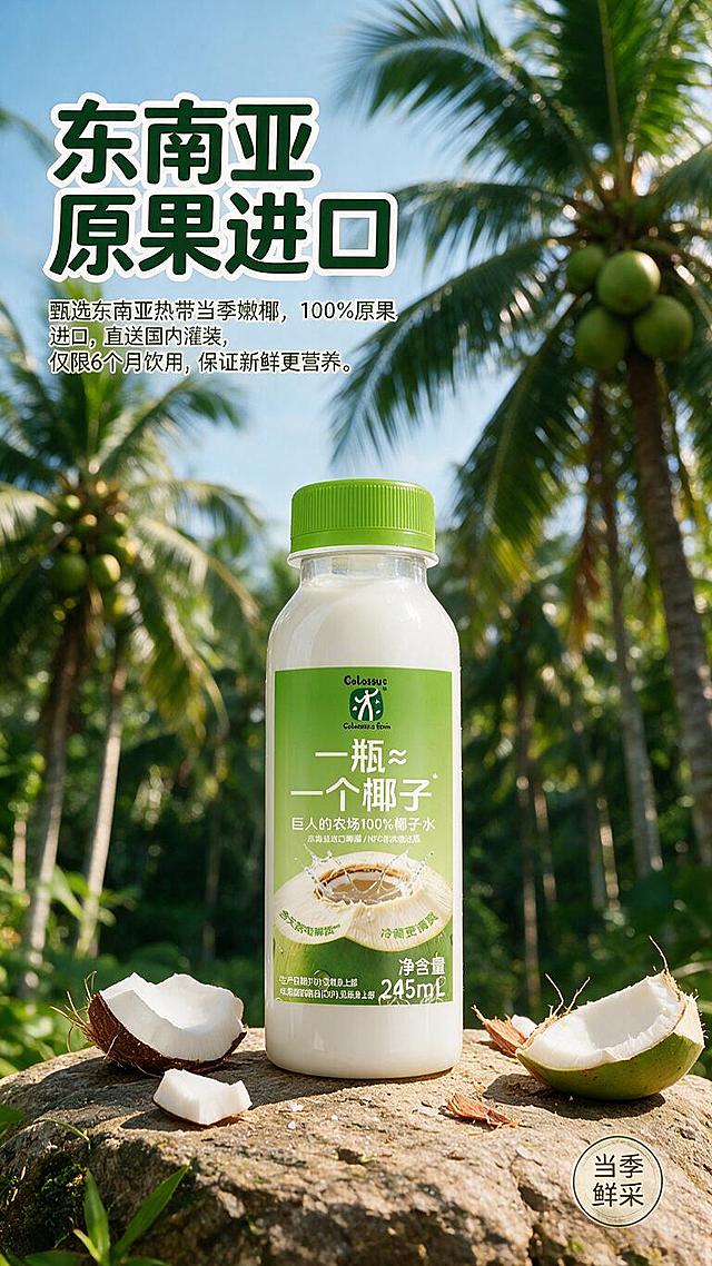 [第3屏] 东南亚原果进口-巨人的农场新鲜椰子水原产地展示。本屏使用【图2】作为产品参考。
主标题："东南亚原果进口"
正文文案："甄选东南亚热带当季嫩椰，100%原果进口，直送国内灌装，仅限6个月饮用，保证新鲜更营养。"
[氛围/风格] 自然清新产地风，阳光椰林场景，真实东南亚椰林摄影质感，充满热带生机。
[元素布局] 背景为大面积真实东南亚椰林实景，占比超过70%；瓶装产品放置在前景岩石台面上，占比约30%；前景散落几片新鲜椰肉和椰壳，增加层次感，产品包装外观与原图保持一致。
[光影质感] 自然日光，柔和明亮，椰林光影斑驳，产品受光均匀清晰。
[配色色系] 全局底色从浅蓝天色过渡到椰林深绿，主色不同层次绿色，点缀白色椰肉和浅棕色岩石。
[视角构图] 远景椰林背景，近景产品特写，景深构图，主体突出。
[文字版式] 左上主标题加粗深绿，白色描边，正文小字在主标题下方，不遮挡产品主体，右下角圆形标签标注"当季鲜采"。
[比例分辨率] 9:16 竖版比例，文字清晰可辨，高清画质。
[负向提示词] 产品变形，文字错乱，色彩浑浊，过度曝光，水印