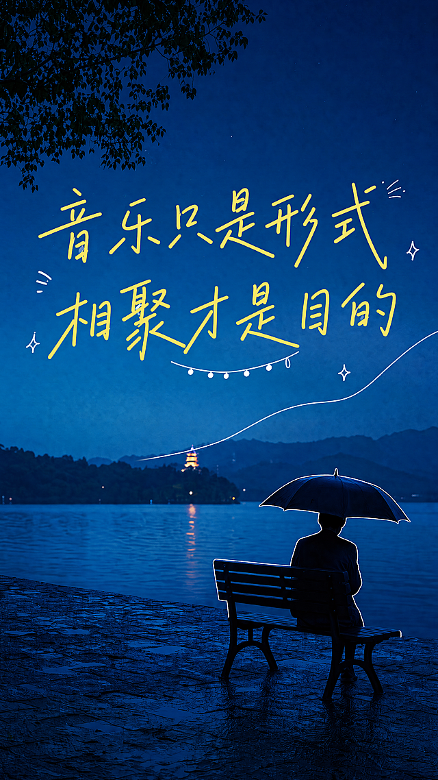 保留当前蓝色调湖畔夜景背景，9:16竖幅海报，替换文案：主标题为"音乐只是形式"，副标题为"相聚才是目的"，保持亮黄色手写字体风格和原有排版布局，整体故事感氛围，超高清4K画质，文字清晰可读。