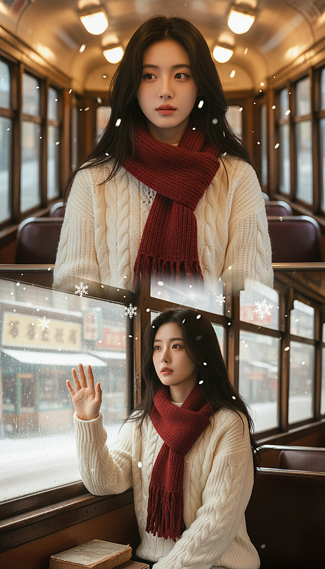 上宫格：女生穿奶白色粗线麻花毛衣（袖口带罗纹设计），酒红色针织围巾交叉绕颈（末端有流苏），老式电车背景。大特写镜头，车厢暖光从头顶格栅灯洒下，发丝边缘泛着柔焦光泽，眼神带着对城市角落的好奇，嘴唇轻抿。
下宫格：中景镜头，女生坐在电车靠窗位置，手掌贴在雾面车窗上，窗外是落雪的老街道与复古招牌。发丝被车窗缝的风轻轻吹起，毛衣麻花纹理清晰可见，手边放着一本旧书。
衔接元素：中间穿插不规则飘落的雪花图标，搭配淡淡的暖光光晕。
