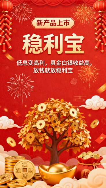 一张喜庆风格的保险产品宣传海报，海报最上方一行写着“新产品上市”，海报中间是大字“稳利宝”，海报下方是文案“低息变高利，真金白银收益高，放钱就放稳利宝”，画面中添加烟花、爆竹、祥云、金元宝、铜钱、摇钱预览效果