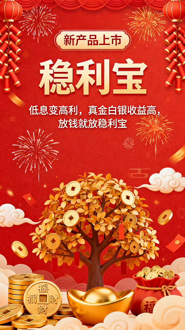 一张喜庆风格的保险产品宣传海报，海报最上方一行写着“新产品上市”，海报中间是大字“稳利宝”，海报下方是文案“低息变高利，真金白银收益高，放钱就放稳利宝”，画面中添加烟花、爆竹、祥云、金元宝、铜钱、摇钱树等喜庆元素，整体画面喜庆大气，红色调为主，传统金融风格