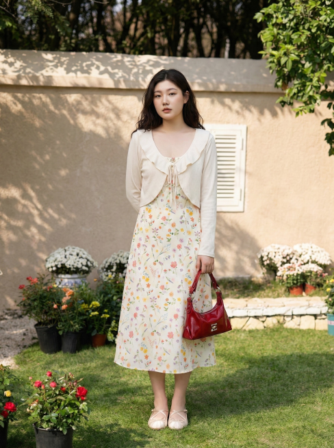 生成全身商业模特图，让衣物保持自然垂坠的状态，不要把它们掖进裙子里，材质层：柔光激活面部 毛孔纹理 清晰呈现图案且保留布料纹理；摄影参数：85mm f2.0 定焦镜头，iso100，快门 1/200s预览效果