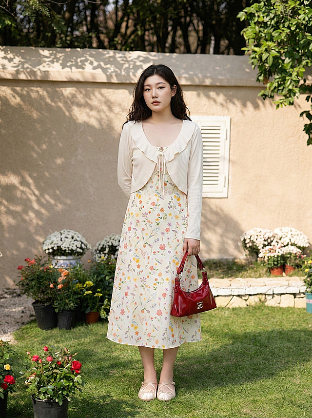 生成全身商业模特图，让衣物保持自然垂坠的状态，不要把它们掖进裙子里，材质层：柔光激活面部 毛孔纹理 清晰呈现图案且保留布料纹理；摄影参数：85mm f2.0 定焦镜头，iso100，快门 1/200s，画面干净通透，主体细节真实自然，高清放大，模特占比30%，