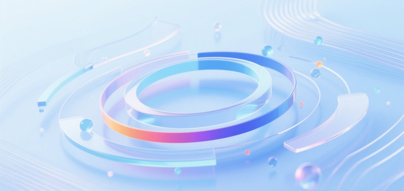 淡蓝色为主色调，其他丰富颜色为辅，包含复杂精致的圆弧、曲线、线条等立体模型元素，透明玻璃质感，发光粒子点缀，适合现代UI界面的浅色丰富背景预览效果