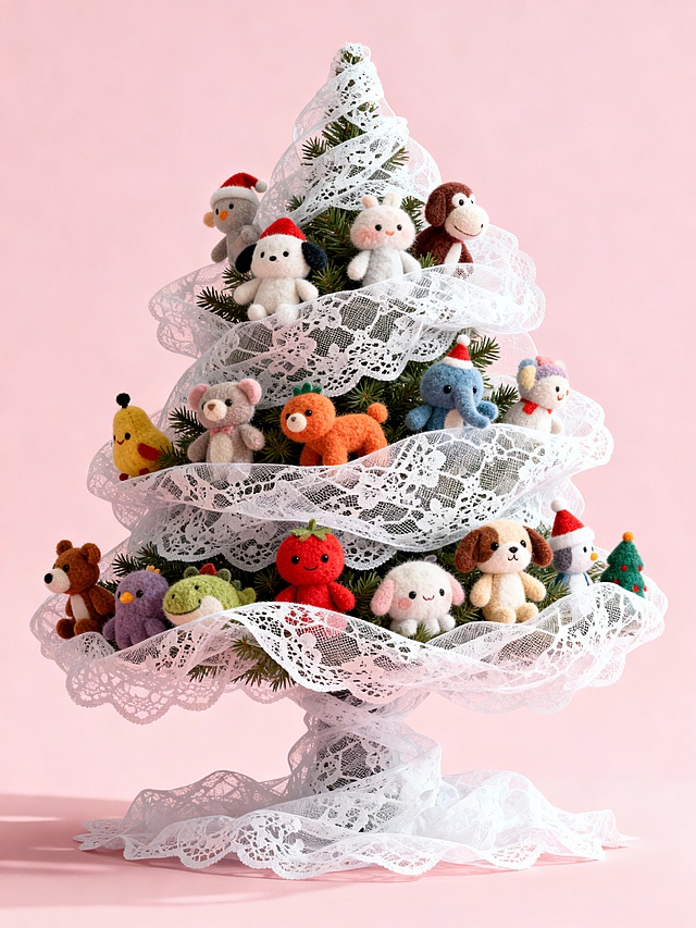 白色蕾丝轻纱、可爱微型毛绒玩具，淡粉色背景