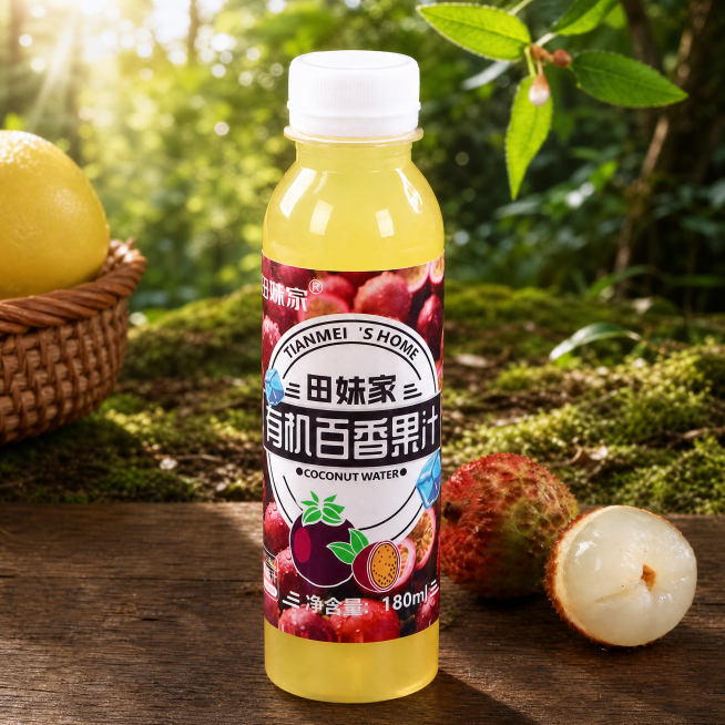 保持主体饮料和文字内容不变，将背景替换为一片宁静的森林边缘，阳光透过茂密的枝叶洒下斑驳光影。地面上铺满了柔软的苔藓和细碎的落叶，呈现出自然的绿色与黄色调。保持原图片的主体内容和布局不变，仅更换背景，保预览效果