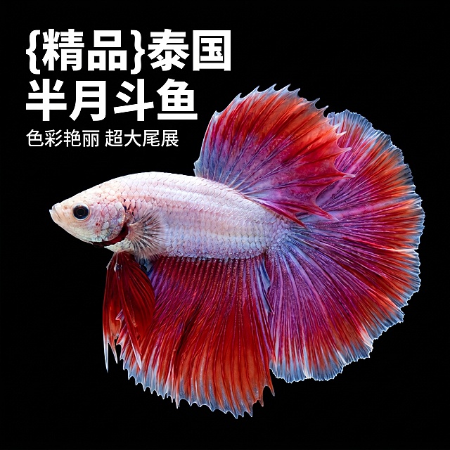 [主图 1] 泰国斗鱼半月观赏鱼产品首图。
[氛围风格] 真实商业摄影，突出产品本身；
[画质] 商业摄影质感、光线通透清晰、产品真实自然、画面干净高级。
[元素] 泰国斗鱼居中展示，夸张巨大的半月尾部完整舒展，色彩艳丽红紫渐变，保持斗鱼外观、颜色、纹理质感与输入产品图绝对一致，杜绝任何变形和色差，精细化处理。商品主体占比严格控制在65%左右，纯黑色干净背景。
[光影] 正面打光，主光均匀照亮鱼身和尾部，突出鳞片和尾鳍的通透质感，暗背景衬托主体，高光不溢，暗部有层次，对比强烈。
[配色] 纯黑色背景，衬托斗鱼本身的红紫蓝渐变色，视觉冲击力强。
[视角构图] 平视，主体居中，景深中等，轮廓完整不裁切，画面满屏无边框。
[文字版式] 左上角负空间左对齐留安全边距，主标题“{精品}泰国 半月斗鱼”白色大号粗体无衬线字体，副标题“色彩艳丽 超大尾展”约半高白色字体。
[比例分辨率] 1:1比例，2k分辨率；文字清晰锐利，画面超高清。
[负向提示词] 变形，水印，文字错乱，产品图模糊，背景杂乱，尾部残缺，颜色失真。