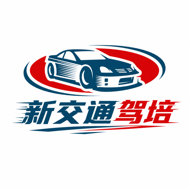 参考图片风格，保持原标志图案不变，在标志下方添加速度感的文字“新交通驾培”预览效果