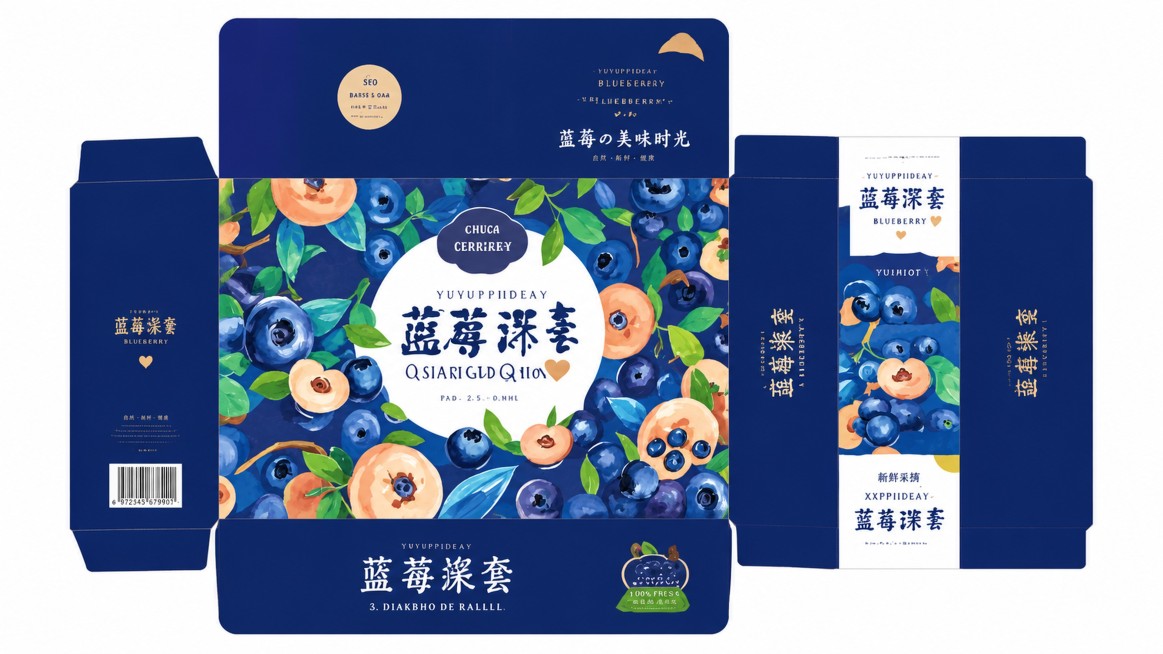 参考图片风格，将蓝莓包装礼盒转换为包装的平面展开图，保留深蓝色背景、蓝莓和水果水彩插画风格以及文字设计，分辨率4K预览效果