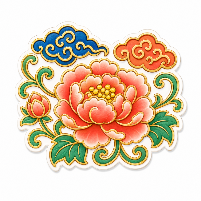 将杯子上的广彩花纹简化，设计成偏文创类可爱风格的冰箱贴图案，去除复杂精细花纹，保留核心缠枝牡丹和祥云元素，造型更圆润可爱，保留珊瑚红、宝蓝、翠绿和织金线条，国风可爱风，适合做成冰箱贴，高清纯白背景预览效果