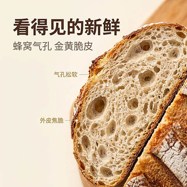 [主图3] 产品细节主图，唯一任务：微距特写证明面包品质——内部蜂窝气孔与外皮焦脆细节。
[统一基调] 统一视觉基调：温暖高端美食摄影，浅暖米白与暖木色背景，深咖啡棕主标题字，暖灰棕辅助说明字，麦穗金强调色，现代无衬线粗体标题、细体辅助字，简洁半透明信息卡，整体干净有食欲，产品外观保持金黄圆顶酸面包、对半切开、蜂窝气孔、轻微撒粉不变。
[画面] 对半切开的欧式乡村酸面包切面特写占画面主体约70%，镜头靠近切面，蜂窝状气孔纹理清晰放大，外皮金黄焦脆可见自然裂纹，表面白色面粉轻撒可见，两三条极细米白色引线连接小标签“气孔松软”“外皮焦脆”，左侧留白放主标题；产品外观与统一面包一致，无新增道具。
[光影质感] 柔和顶光加侧光塑造气孔凹凸纹理与脆皮光泽，浅景深让背景虚化，真实接触阴影，突出新鲜现烤质感。
[配色] 浅暖米白背景、深咖啡棕主标题、暖灰棕辅助字、麦穗金小标签点缀。
[文字版式] 主标题“看得见的新鲜”放左上，深咖啡棕粗体无衬线；辅助小字“蜂窝气孔 金黄脆皮”；引线小标签文字简洁清晰，不与气孔纹理重叠。
[输出要求] 1:1方形，文字与标签清晰无错字，面包切面纹理真实不变形，无平台Logo水印，画面干净。