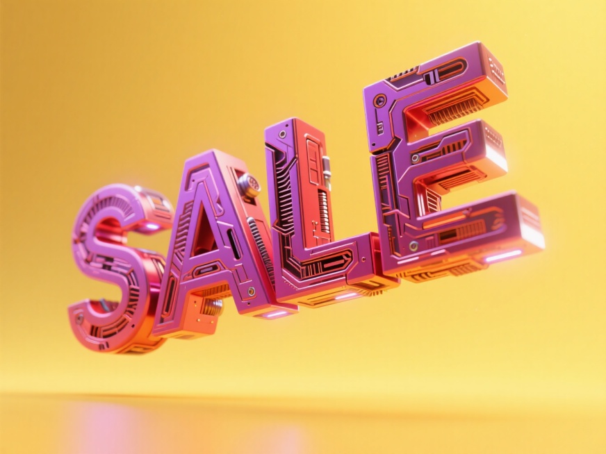 红紫大字“SALE”，复杂的机械质感，悬浮，背景渐变黄色。预览效果