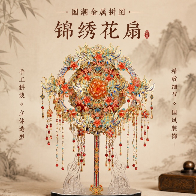 [单张主图] 国潮3D金属拼图团扇，高级氛围感主图，目标是展示国风工艺美感同时突出手工拼装产品卖点。
[画面主体] 团扇产品居中展示，放置在透明展示支架上，主体完整不裁切，占画面约55%，**保持产品预览效果
