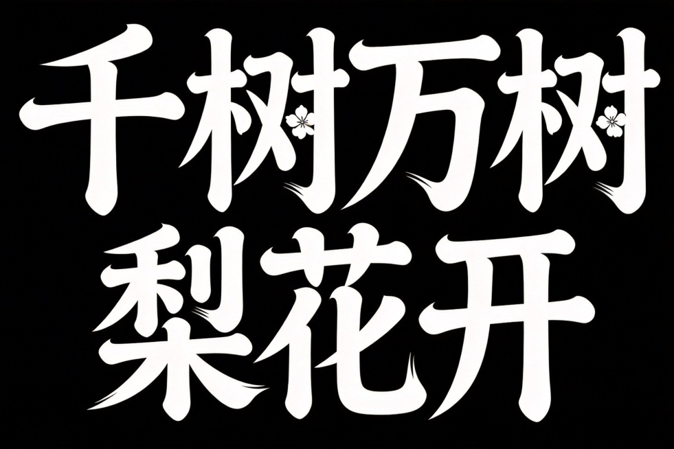 字体设计，横向排版文字"千树万树梨花开"，白字，纯黑色背景，行楷变形，笔画边缘轻盈，夸张的笔画张力和连笔处理，笔画粗细变化大，每个笔画都带弧度，用花瓣形代替点笔画，夸张风格，边缘轻盈，笔画边缘拉长弧度预览效果