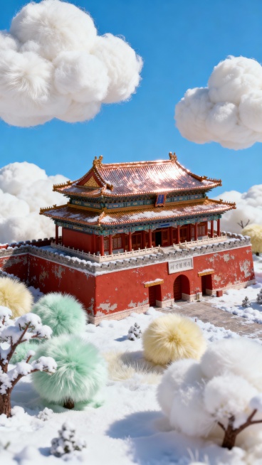 晴空万里冬日的北京故宫，居中构图，色彩柔和，鸟瞰视角的全景预览效果
