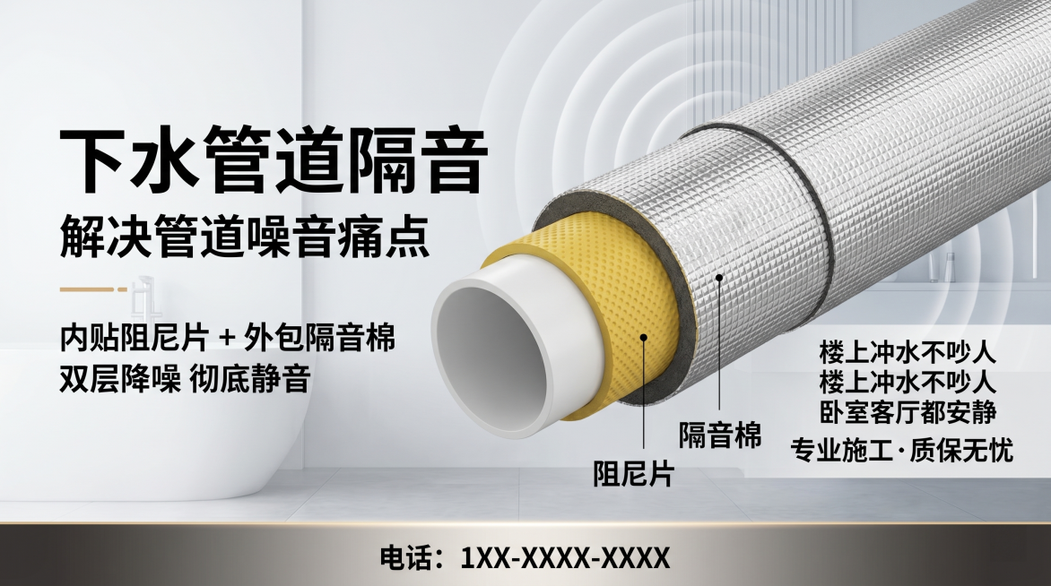 基于参考图片生成一张16:9横向的下水管道隔音方案宣传海报，展示卫生间下水管道，管道第一层贴黄色阻尼片，第二层包银色铝箔隔音棉，结构清晰分层展示。海报包含以下文案：大字体主标题"下水管道隔音"，副标题预览效果