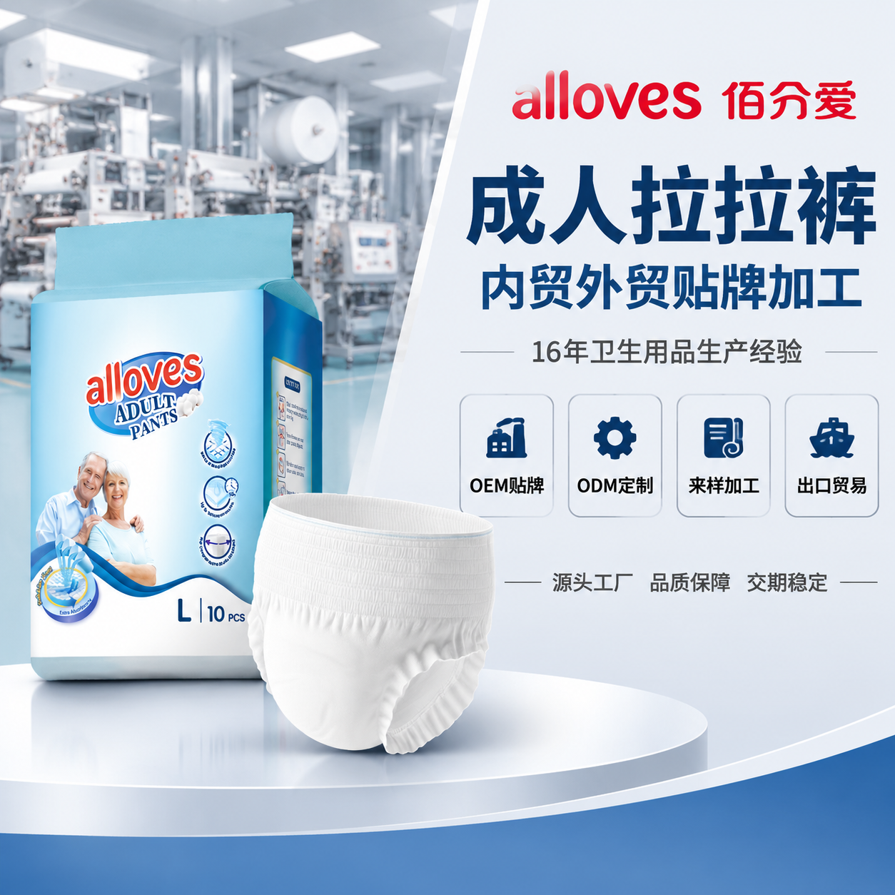 [主图-3] 成人拉拉裤工厂贴牌加工服务总结图，突出16年经验… - 图片创意预览