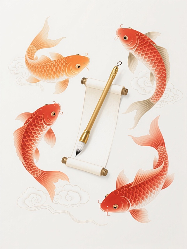 中国传统工笔手绘风格，四条不同样式的红色锦鲤围绕金色毛笔和白色卷轴的组合图案，保持橙红、金色、白色的配色方案，锦鲤鳞片细腻有光泽，尾鳍飘逸，毛笔笔尖锐利、笔杆有金属质感，卷轴微微展开，周围点缀白色祥云，整体排列整齐，对称分布于纯白色背景上，画面精致典雅，富有吉祥寓意，线条流畅，色彩过渡自然，光影柔和，细节丰富。