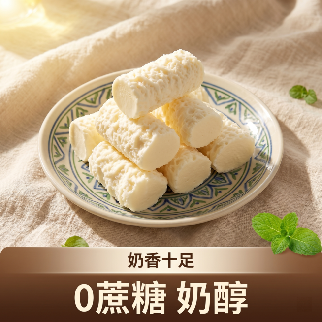 [主图-1] 奶醇零食首图，突出食欲感。[氛围风格] 简单高级，好吃诱人的奶食零食风格；[画质] 商业摄影质感、光线柔和通透、产品清晰真实、画面干净高级。[元素] 多根奶醇整齐堆叠在带有浅蓝绿花纹的米预览效果