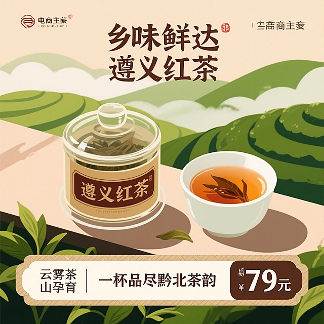 生成三张电商主图，加上价格79元，乡味鲜达，遵义红茶。云雾茶山孕育，一杯品尽黔北茶韵