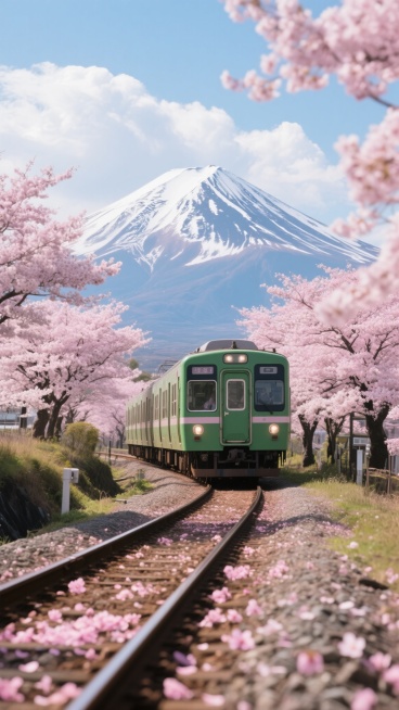 日本风景，高清摄影，大师级摄影作品，一辆绿色的列车行驶在被盛开的粉色樱花树环绕的铁轨上，铁轨旁散落着粉色的樱花瓣，远处是雄伟的雪山，山顶覆盖着皑皑白雪，天空中飘着洁白的云朵，整体画面色彩鲜艳，光影柔和，构图精美，具有极高的视觉冲击力和艺术美感。预览效果