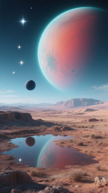 生成15张星球科幻高清图的生成。呈现不同色彩搭配、地貌特征的外星星球场景，包含巨型星球、山地水域、星空等元素。预览效果