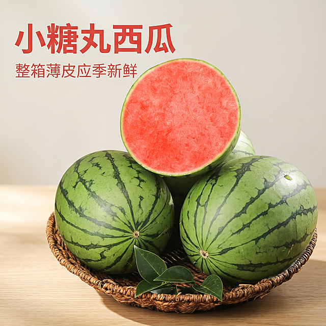 [主图-1] 小糖丸西瓜新鲜水果点击率首图。
[氛围风格] 自然清新食欲感，拼多多直白大字性价比风格；
[画质] 商业摄影质感、光线柔和通透、产品清晰真实、画面干净高级。
[元素] 完整带皮西瓜和切开半块西瓜摆放在果篮里，放置在简约木质桌面背景，背景虚化浅景深；保持小糖丸西瓜外观（物理结构、材质质感、颜色）与输入产品图绝对一致，杜绝任何变形和色差，精细化处理。商品主体占比严格控制在 70% 左右，画面满屏无边框。
[光影] 自然暖阳逆光，突出西瓜果肉的通透感和鲜亮色泽，明暗自然，高光不溢出，暗部有层次，新鲜诱人。
[配色] 主色调为西瓜绿和果肉红，清新自然，对比强烈醒目。
[视角构图] 平视视角，主体居中放置，景深中等，轮廓完整不裁切。
[文字版式] 左上负空间左对齐留安全边距，大字文案写"小糖丸西瓜"，红色最大号粗体无衬线；辅助短句写"整箱薄皮应季新鲜"，约半高同色系略浅，清晰易读。文字不遮挡产品主体。
[比例分辨率] 1:1 比例，2k 分辨率；文字清晰锐利，画面超高清。
[负向提示词] 变形，水印，文字错乱，产品图模糊，背景杂乱，牛皮癣，配色刺眼，遮挡主体。