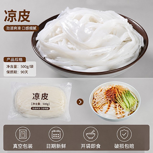 「图片1」，生成一套主图（5张），商品名称是凉皮，卖点是筋道爽滑，适配抖音平台，主图比例为1:1