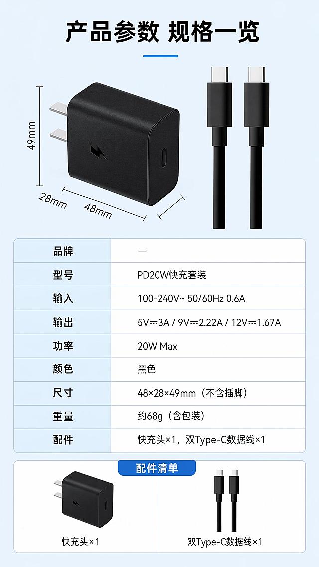 [第12屏] 产品参数页，展示完整参数和配件清单，最后一屏不可省略，本屏使用【图2】作为产品主体。[氛围/风格]参数清晰，简约专业风。[元素布局]上方产品展示，带尺寸引线标注长宽高，下方表格排版完整参数，保留产品外观颜色和原图一致。[光影质感]产品清晰，表格线条整齐，文字易读。[配色色系]全局底色 #e8f4ff，表格浅蓝表头，白色单元格，黑色文字。[视角构图]上产品下参数表，上下构图。[文字版式]顶部标题「产品参数 规格一览」，参数包含：品牌、型号、输入、输出、功率、颜色、尺寸、重量、配件，清晰对应填写，文字整齐不拥挤，手机端可读。配件清单：快充头×1，双Type-C数据线×1。[比例分辨率]9:16竖版比例，分辨率2K，高清画质，文字清晰可辨。[负向提示词]参数错乱，产品变形，文字模糊，表格排版混乱
