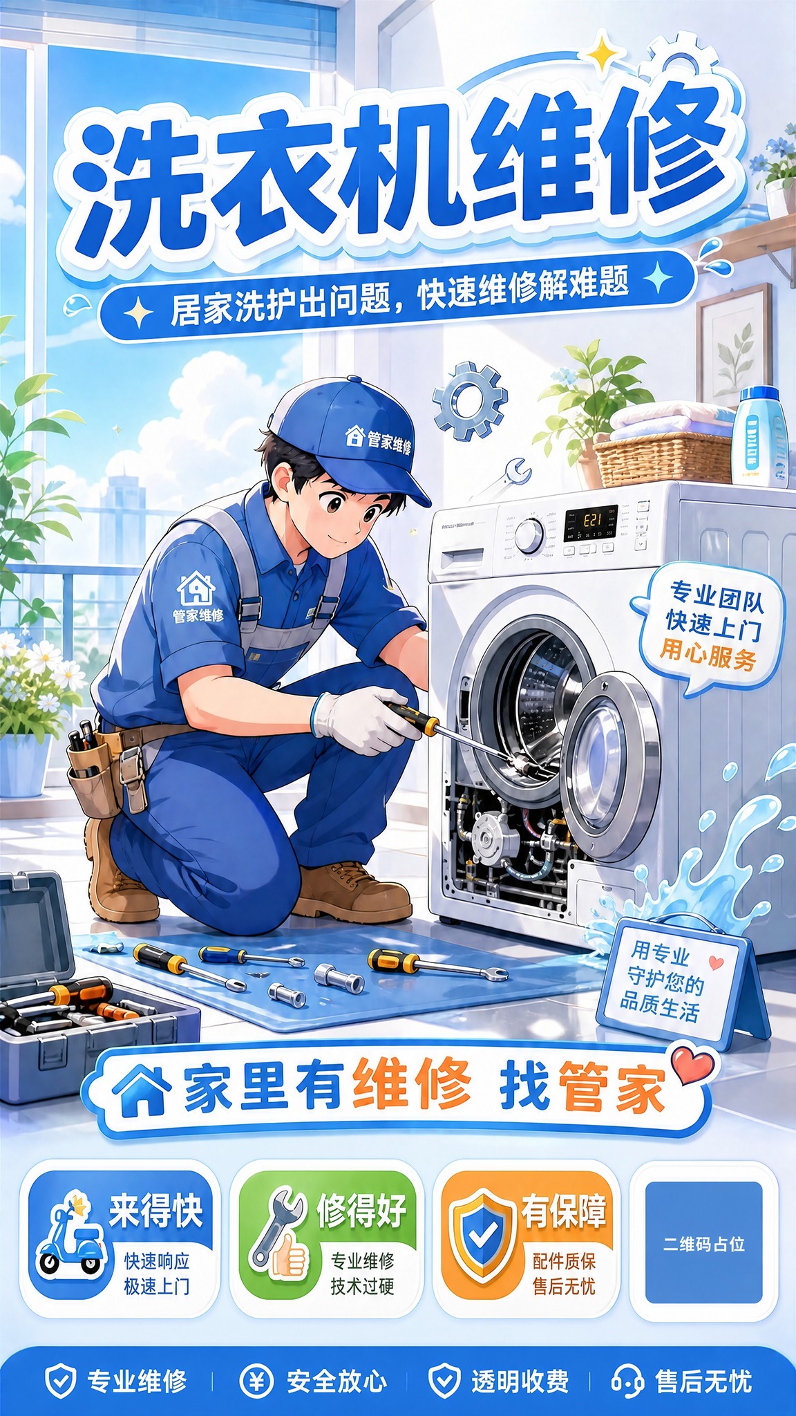 在这张洗衣机维修海报的右下方添加一个二维码占位区域。将右下角"… - 图片创意预览