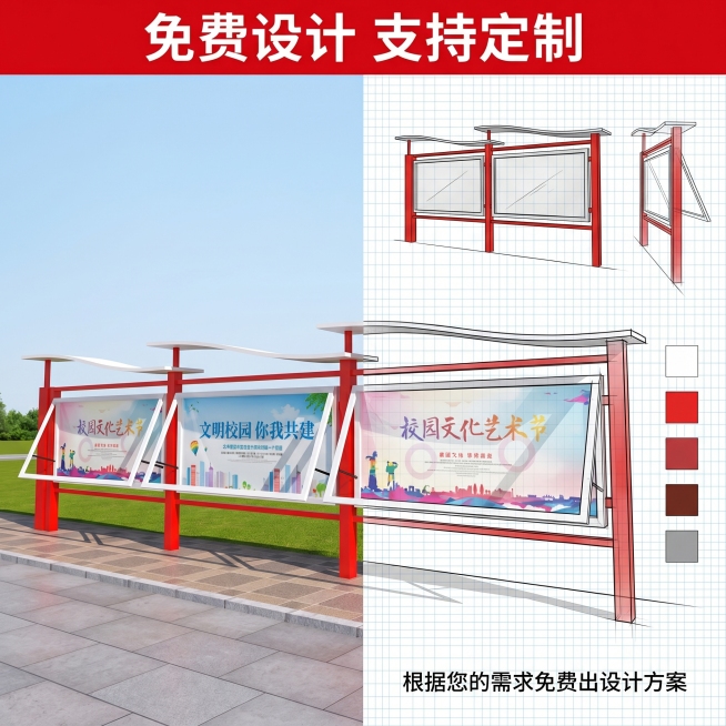 [主图 4] 定制免费设计服务展示
[氛围风格] 清晰直观，突出服务优势
[画面元素] 商业摄影质感、光线柔和通透、产品清晰真实、画面干净高级。左半部分展示完整的宣传栏成品，右半部分简单展示设计方案草预览效果