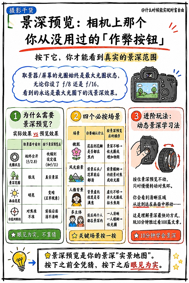 手绘涂鸦风格的摄影知识卡片，参考图中的三栏并列视觉风格：三个竖排大卡片并排，黑色粗外边框、标题有红色下划线装饰、马克笔手绘质感、圆角矩形框、彩色填充（绿/黄/橙/红/蓝）、可爱简笔画图标、手写体文字、白色背景、底部灯泡金句框。

标题：景深预览：相机上那个你从没用过的「作弊按钮」
副标题：按下它，你才能看到真实的景深范围
右上角标注：@什么时候能实现财富自由
左上角小标签：摄影干货

顶部引入区（蓝色云状气泡）：
取景器/屏幕的光圈始终是最大光圈状态，无论你设了 f/8 还是 f/16，看到的永远是最大光圈下的浅景深效果。
配相机取景器简笔画图标

中间三栏并列卡片（从左到右）：

第一栏（绿色调）｜为什么需要景深预览？
顶部绿色圆形数字①，标题：为什么需要景深预览？
副标题：实际效果 vs 预览效果
2列对比表格：
取景器中看到 | 按下景深预览后
光圈状态 | 始终全开（f/2.8）| 收缩到设定值（如f/11）
景深范围 | 很浅 | 真实景深
画面亮度 | 明亮 | 变暗（正常现象）
你能判断的 | 对焦准不准 | 前面后面清不清晰
底部绿色标签：眼见为实，不靠猜

第二栏（橙黄色调）｜四个必按场景
顶部黄色圆形数字②，标题：四个必按场景
3列表格：场景 | 你要确认什么 | 按景深预览后的操作
微距 | 花蕊到花瓣是否都在焦内 | 景深不够→收光圈或增加物距（配花朵图标）
风光前景 | 前景石头/花草前后都清 | 前景模糊→向前景对焦或收光圈（配山景图标）
人像背景 | 背景虚化程度是否满意 | 虚化不够→开大光圈或拉长焦距（配人像图标）
多主体 | 前后两个人都在景深内 | 一人清晰一人模糊→收光圈（配双人图标）
底部黄色标签：关键场景按一按

第三栏（橙红色调）｜进阶玩法：动态景深学习法
顶部红色圆形数字③，标题：进阶玩法：动态景深学习法
核心内容（配手+对焦环图标）：
按住景深预览不动，同时慢慢转动对焦环。你会看到清晰区域从近到远在画面中移动——这是理解景深最快的方式，玩10分钟胜过看100篇文章。
底部红色标签：10分钟学会景深

最底部金句框（灯泡图标+黑框）：
💡 景深预览是你的景深"实景地图"。按下之前全凭猜，按下之后眼见为实。

整体风格：三栏并列信息图、手绘涂鸦风、可爱、知识卡片、清晰易读、竖版构图、白色背景、外边框手绘粗黑线