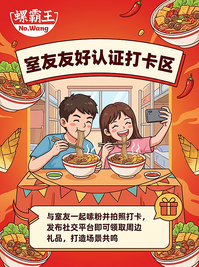 重新设计螺霸王螺蛳粉室友友好认证打卡区活动宣传图，画面展示两个年轻室友一起开心嗦螺蛳粉并对着镜头拍照打卡，整体风格活泼青春，结合螺霸王红色品牌调性和螺蛳粉产品展示，包含文案"室友友好认证打卡区""与室友一起嗦粉并拍照打卡，发布社交平台即可领取周边礼品，打造场景共鸣"