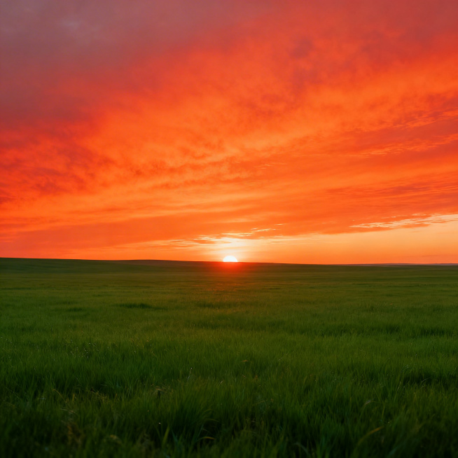 写实风景，辽阔草原晚霞场景，天空铺满橙红色绚烂晚霞，下方是一望无垠的绿色草地，光线柔和洒落在草甸上，整体画面开阔舒展，氛围治愈，细节真实高清，空气通透预览效果