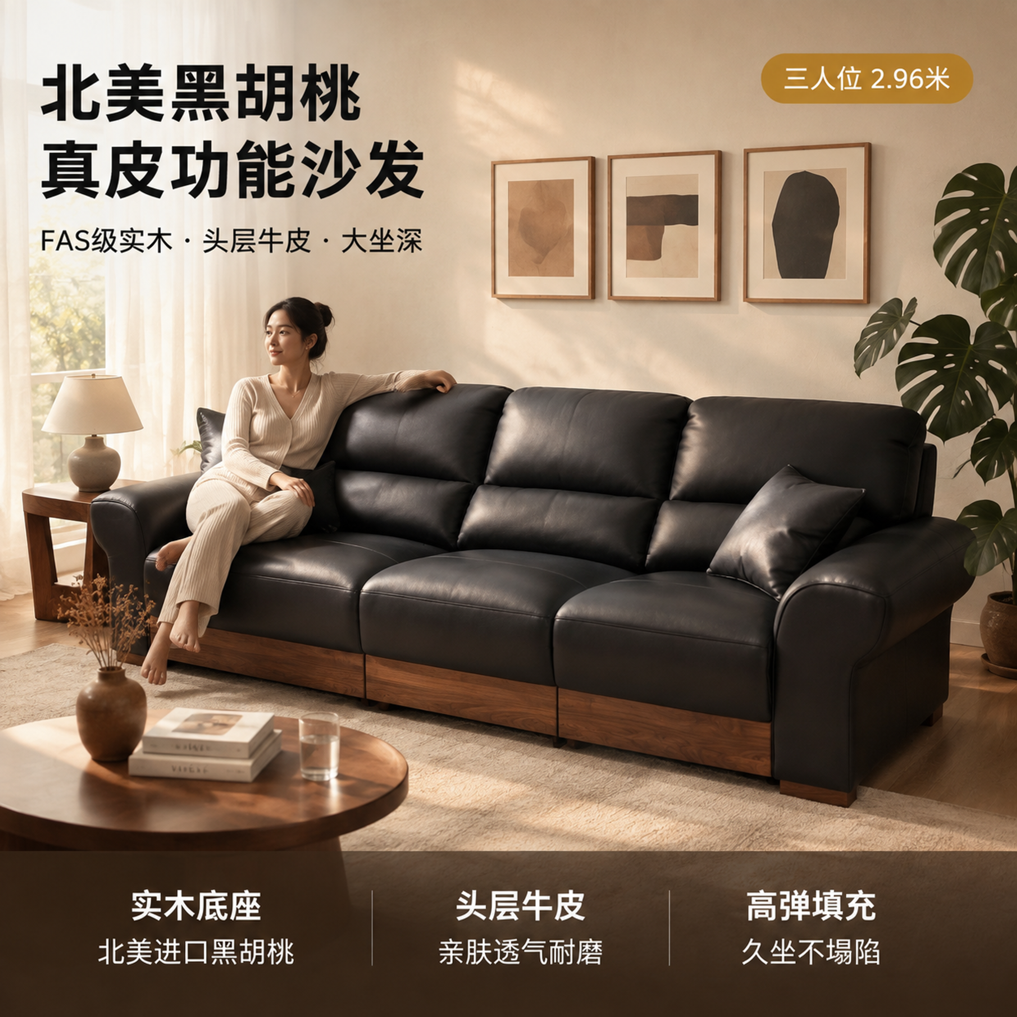 [主图-1] 北美黑胡桃真皮功能沙发空间场景首图 [氛围风格]… - 图片创意预览