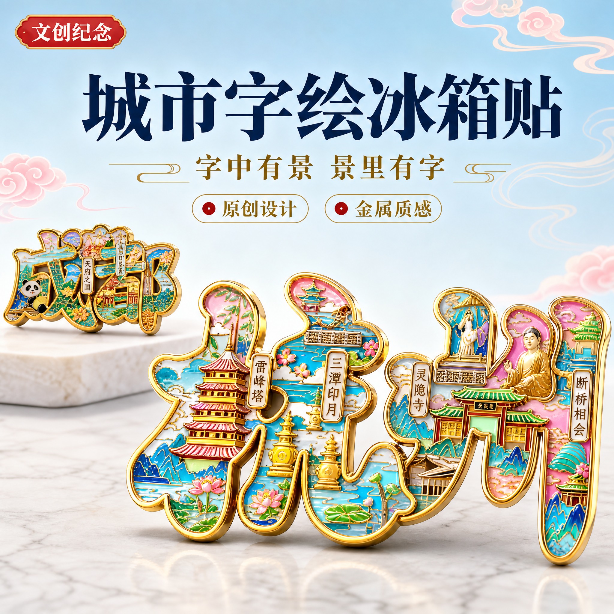 [主图-1] 城市字绘金属冰箱贴首图，展示产品全貌与核心卖点，… - 图片创意预览