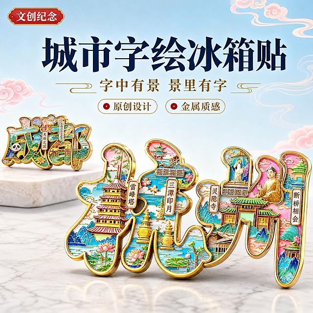 [主图-1] 城市字绘金属冰箱贴首图，展示产品全貌与核心卖点，国潮文创风格吸睛首图。
[统一基调] 国潮文创风，背景采用浅蓝到米白的渐变柔色，主标题用深墨蓝色粗体字，辅助文字用暖金色，强调色为朱砂红，整体精致典雅有文化质感，字体统一用宋体加粗风格，卡片用圆角金边样式。
[画面] 画面中央偏下位置展示杭州款城市字绘金属冰箱贴，正面平视微俯视角，产品占画面约55%，冰箱贴金属质感强烈，色彩鲜艳丰富，字中嵌入雷峰塔、三潭印月、灵隐寺、断桥相会等杭州景点图案清晰可见。冰箱贴下方有柔和的接触阴影，自然落在浅色大理石台面上。画面左上方放置一枚小尺寸成都款冰箱贴作为多款式暗示。背景为浅蓝渐变天空感，点缀几朵淡粉色祥云和飘逸的中国风线条装饰。
[光影质感] 商业摄影质感，主光从左上方45度照射，金属边缘有明亮高光，珐琅彩部分色彩饱和通透，阴影柔和自然，整体光线明亮干净。
[配色] 主背景浅蓝渐变，标题深墨蓝色，辅助文字暖金色，强调色朱砂红，产品本身色彩丰富自然。
[文字版式] 画面上方居中位置，大标题"城市字绘冰箱贴"，字号最大粗体；副标题"字中有景 景里有字"，字号缩小约50%；标题下方左右两个小圆点配文字"原创设计"和"金属质感"。左上角有小标签"文创纪念"。文字不遮挡产品主体。
[输出要求] 1:1正方形比例，2K分辨率，文字清晰锐利，产品细节清晰，色彩准确，无变形无错字，无水印无平台logo，画面干净高级。