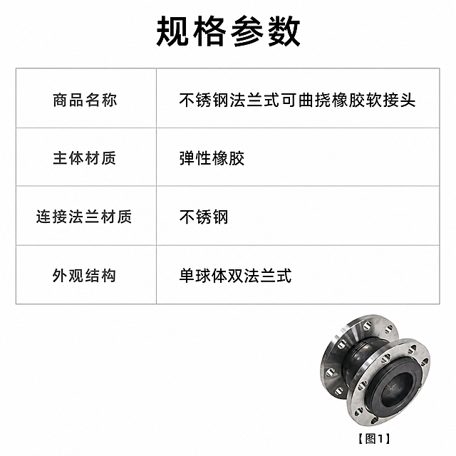 使用商品详情页技能根据商品图「图片1」生成详情页，参考图为「图片1」「图片1」「图片1」，商品名称为橡胶接头，卖点为1、商品名称：不锈钢法兰式可曲挠橡胶软接头 2、核心卖点： 耐拉伸橡胶主体，缓冲管道震动降噪 全不锈钢法兰盘，对接紧密不泄漏 一体精铸成型工艺，承压耐用抗形变 3、适用人群：管道工程安装人员、给排水系统运维人员、工业流体设备采购商 4、使用场景：市政给排水管路连接、化工流体管道减震、暖通泵房设备接驳 5、规格参数： 主体材质：弹性橡胶 连接法兰材质：不锈钢 外观结构：单球体双法兰式，适配平台为淘宝/天猫，图片比例为1:1，需求屏数为10张，
