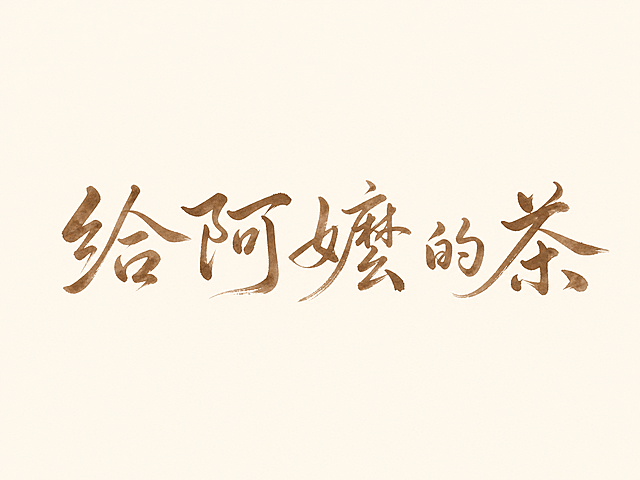 干净的米白色背景。平面艺术字体logo设计，五个字"给阿嬷的茶"，中文书法手写字体，风格温暖质朴，行云流水一气呵成，笔画带有自然墨色晕染和细微飞白，整体字形柔和亲切，浅棕褐色文字。仅包含这五个字：给、阿、嬷、的、茶，不得增加、遗漏或替换任何一个字。文字整体必须完整呈现在画面内不可被裁切，四周留有安全边距。比例4:3，适合作为商标商用。