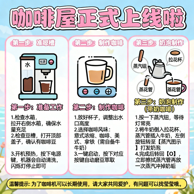 可爱风格De'Long S3 Pro快速上手使用指南海报，大标题为"咖啡屋正式上线啦"，内容清晰分步骤展示：第一步：准备工作 1.检查水箱，拉开右侧水箱，确保水量充足 2.检查豆槽，打开顶部盖子，确认预览效果