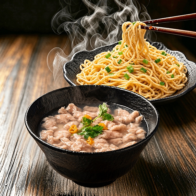 将图中前景的肉片汤碗替换为image2中的肉片汤（黑碗装的肉片汤，保留热气效果），放在前面位置；将图中背景的拌面替换为image3中的拌面（黑盘装的拌面，保留筷子夹起面条的效果），放在后面位置。保持原图的木质桌面背景、整体构图、视角、光线和蒸汽效果完全不变，不要美化图片，只替换产品本身，确保融合自然真实