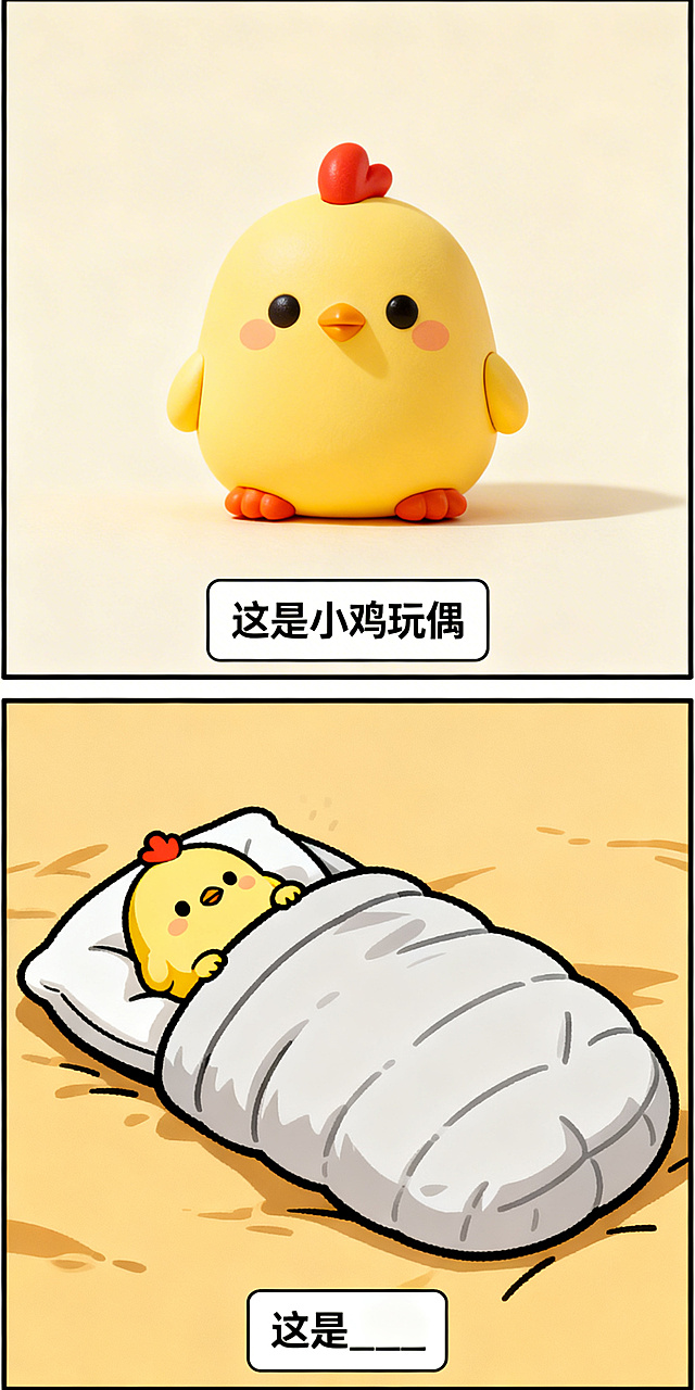 日系搞笑纵向双格漫画，上半格：Q版可爱的鸡造型玩偶，极简背景，底部白色矩形框黑字写“这是小鸡玩偶”；下半格：小鸡玩偶、安宁睡袋强行组合在一起，呈现荒谬互动，底部白色矩形框黑字写“这是____”，线条清晰色彩鲜明，无其他汉字