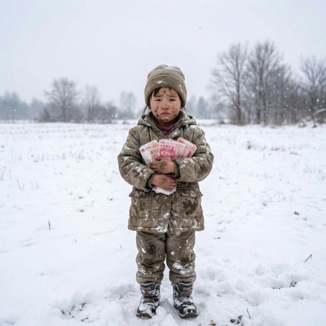 帮我修改下张图，把场景替换成户外雪景,替换一下小孩子的衣服，让后让她的脸和衣服有一点点脏，看起来是刚从雪地摔倒爬起来弄脏的样子预览效果