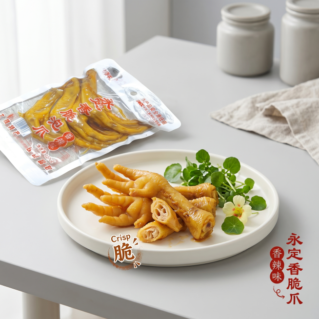 为永定香脆泡爪生成电商主图，比例1:1，打开包装袋取出几只泡爪放在干净的米白色陶瓷餐盘上，搭配清新绿植点缀，浅灰色简洁背景，明亮柔和光线，凸显泡爪诱人色泽，设计感十足，突出产品香脆美味的特点预览效果